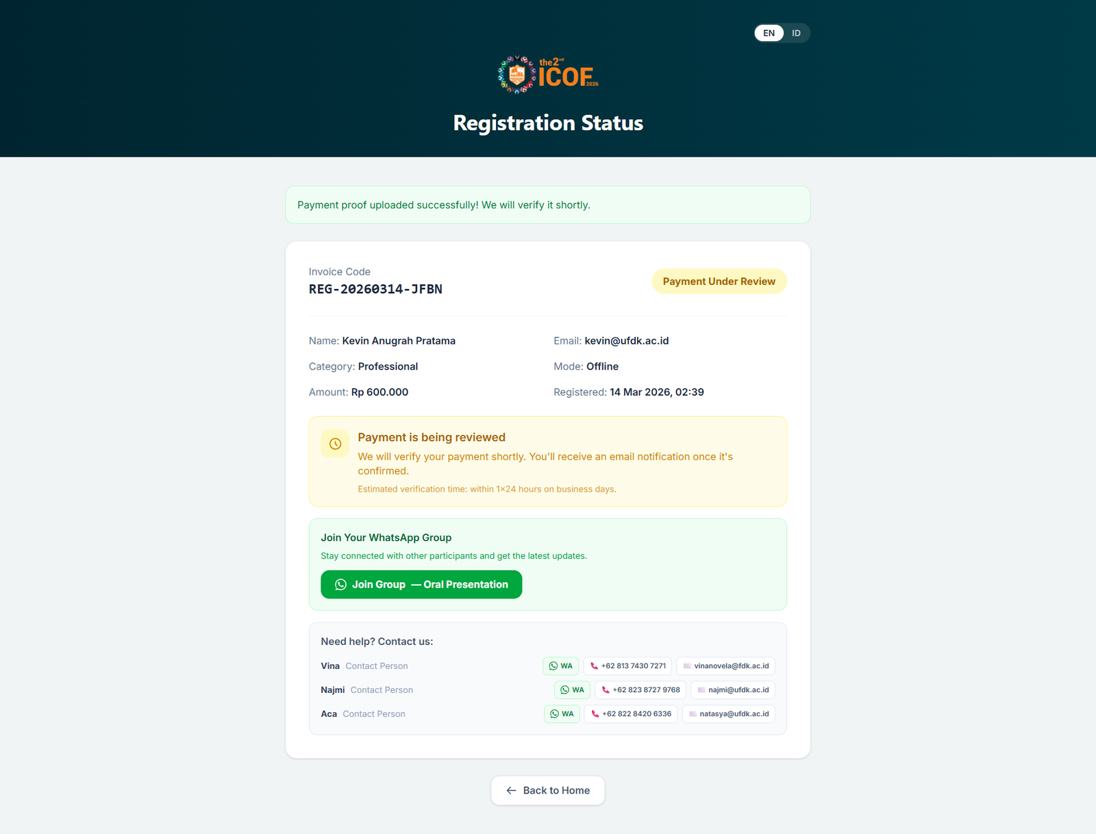 Halaman Status Setelah Upload